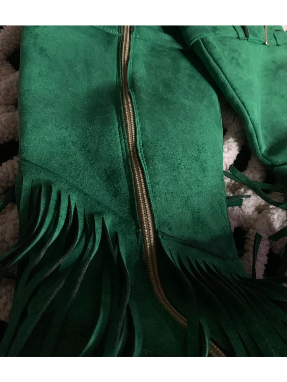 Green Fringe Faux-Suede Knee Boots with Faux-Fur Cuff